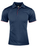 A navy polo shirt featuring red accents and a collar. The shirt has a branding logo on the neckline.
