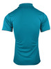A men's polo shirt in teal, featuring a back view and a collar, with a logo on the side.