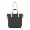 A dark grey tote bag with light beige straps and drawstring closures, featuring a simple design and a logo.