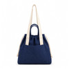 A navy tote bag with cream handles and a drawstring closure, featuring a front pocket and branding.