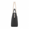 A grey tote bag with cream straps and a drawstring closure, featuring a side pocket.