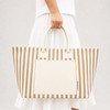A striped tote bag in beige and cream, featuring a large front pocket and sturdy handles.