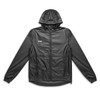 A black unisex windbreaker featuring a hood, full zip, and front pockets, with a logo present on the chest.
