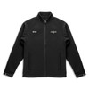 A black softshell jacket with a full zip and two side pockets, featuring a logo on the chest.