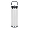 A drink bottle in white with a black lid and handle, featuring a stainless steel base and branding on the body.