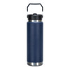 A drink bottle in navy blue with a stainless steel base and a black lid, featuring a handle for easy carrying.