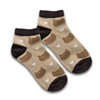 Pixel Knitted Ankle Socks in beige and brown, featuring bear patterns and white hearts, with dark brown cuffs.