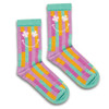 Colourful knitted bamboo socks in purple, turquoise, orange, and yellow with a smiley face and floral design.