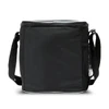 A black lunch cooler bag with a shoulder strap and a side mesh pocket, featuring a simple design and zip closure.