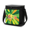 A black cooler bag with a vibrant green and yellow graphic design, featuring a logo on the front.