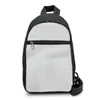 A black crossbody bag with a grey front, featuring a zippered pocket and an adjustable strap.