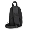 A black crossbody bag featuring a textured mesh back and an adjustable strap. It has a logo on the surface.