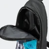 A black crossbody bag with a zippered opening, revealing an internal compartment. It features a logo.