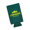 A drink cooler featuring a dark green design with lemon graphics and a logo, designed for slim cans.