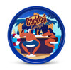 A round blue serving tray featuring a tropical bar scene with two seated figures and various drink bottles.