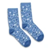 A pair of blue kids' socks featuring heart patterns in lighter shades of blue and white. The socks have a logo.