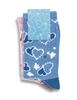 A set of two pairs of knitted bamboo kids' socks in pink and blue with heart patterns. Features packaging with a logo.