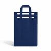 A navy blue insulated reusable bag with multiple handles and a sleek, simple design. Features a logo.
