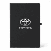 A black A5 notebook with a glossy logo on the front cover. It features a simple design and a secure closure.
