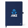 A navy A5 smart notebook with an abstract logo and an NFC feature. It includes an elastic band closure.