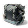 A foldable cooler in black and grey with adjustable straps and a side pocket, featuring a logo.
