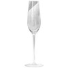 A clear glass champagne flute with a slender stem and etched design, featuring a branding logo.