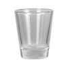 A clear glass shot glass with a tapered design and a solid base.