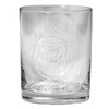 A clear glass tumbler featuring an etched design with a van and mountain motif.