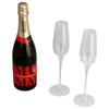 A champagne bottle in dark glass with two clear champagne flutes. Features a logo on the bottle.