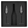 A black Champagne flute gift set featuring two elegant flutes and a bottle, presented in a sleek black box.