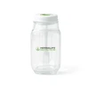 A clear plastic salad jar with a white lid and a branding logo. Features measurement markings on the side.