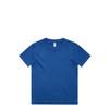A blue kids' t-shirt with a round neck and short sleeves, featuring a logo on the tag.