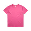 A pink kids' T-shirt with a classic crew neckline and short sleeves. It features a logo on the label.