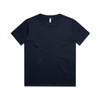A navy blue kids' t-shirt featuring a crew neckline and short sleeves, with a branding logo.