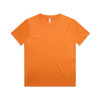 An orange kids' T-shirt with a round neckline and short sleeves, featuring a logo on the label.