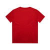 A red kids' T-shirt with a plain back and short sleeves. It features a logo or branding.