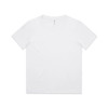 A white kids' t-shirt with a round neck and short sleeves, featuring a logo on the inside label.