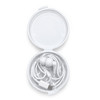 A white circular case containing white Type C earbuds with a charging cable, neatly arranged inside.