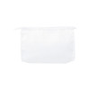 A white toiletries pouch with a zip closure and a logo on the side.