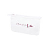 A white toiletry pouch featuring a zip closure and a branding logo in purple.