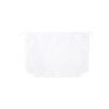 A white toiletry pouch with a zip closure and a logo. It has a simple, minimalist design.