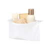 A white toiletry pouch containing skincare items, including lotions and a loofah, with a logo visible.