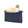 A navy toiletry pouch containing various beauty products, including lotions and a loofah, with a visible logo.