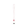A red lanyard made from recycled plastic, featuring a built-in 27W 5-in-1 cable and a logo on the attachment.