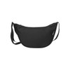 A black recycled waist bag with a curved design and an adjustable strap, featuring a branding logo.