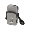 A grey, textured recycled phone pouch with a strap and a zippered compartment, featuring a logo and motivational text.