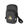 A grey recycled phone pouch with a zip closure, featuring a logo and an adjustable strap.