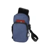 A blue recycled phone pouch with a phone and card visible, featuring a strap and a branded tag.
