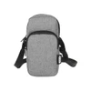 A grey pouch with a zippered closure and an adjustable strap, featuring a branding logo.