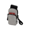 A grey recycled phone pouch with a zippered design, holding a phone and featuring a card slot.